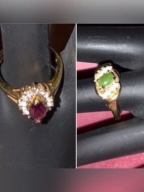 Vintage Estate 70s TWO Costume Jewelry Rings, Faux Amethyst, Jade& Diamonds